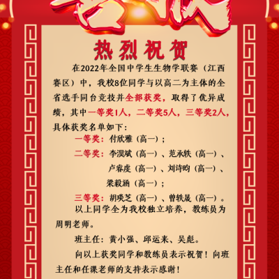 斩获佳绩丨在2022年全国中学生生物学联赛（江西赛区）中8位同学全部获奖！