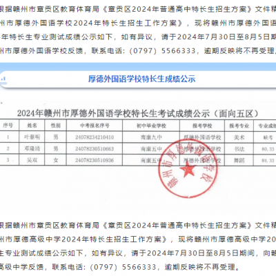 厚德外国语学校/厚德高级中学特长生考试成绩公示